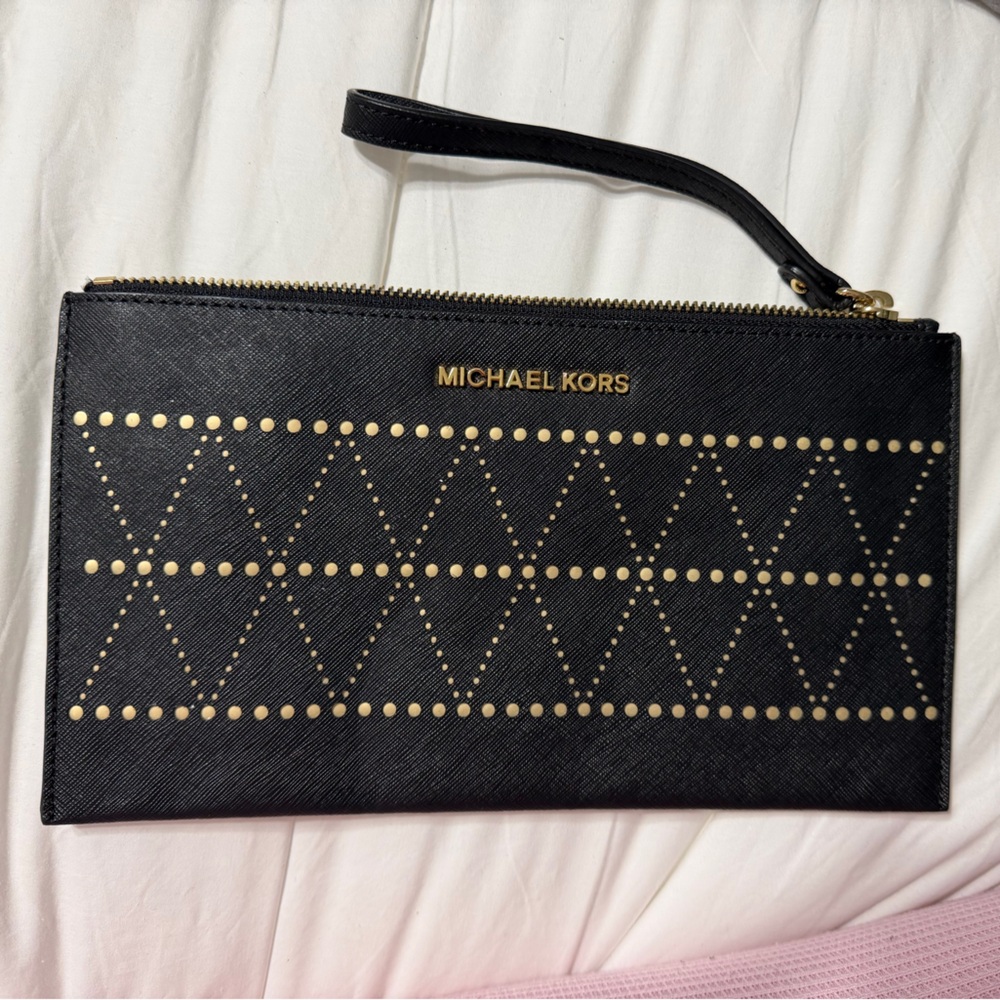 Michael Kors Black and Gold Studded Wristlet Clutch